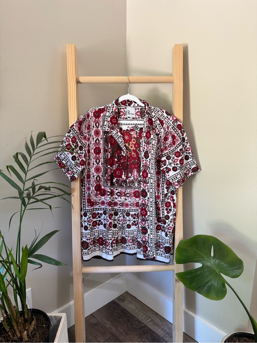 RAGA Men’s Red and White Floral Bandana Short-Sleeve Button Shirt